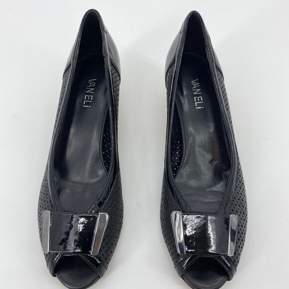 VANELI Womens Heel Black Leather Size 9 Peep Toe Slip On Cork Mini Wedge Pump - Picture 1 of 7